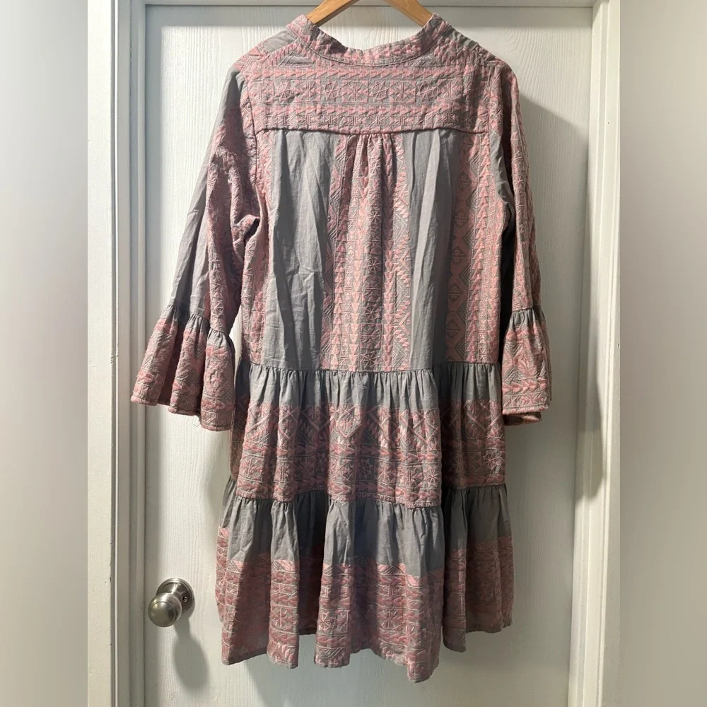 Greek Archaic Kori Embroidered 3/4 Flared Sleeve Dress in Pink and Grey. Size S - Picture 2 of 6